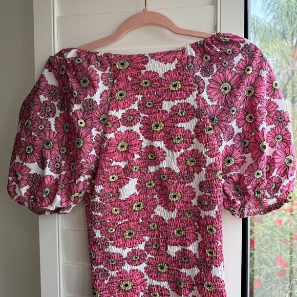Zara Puff Off the Shoulder Sleeve Smocked Mini Dress in Pink Daisy size M - Picture 10 of 13